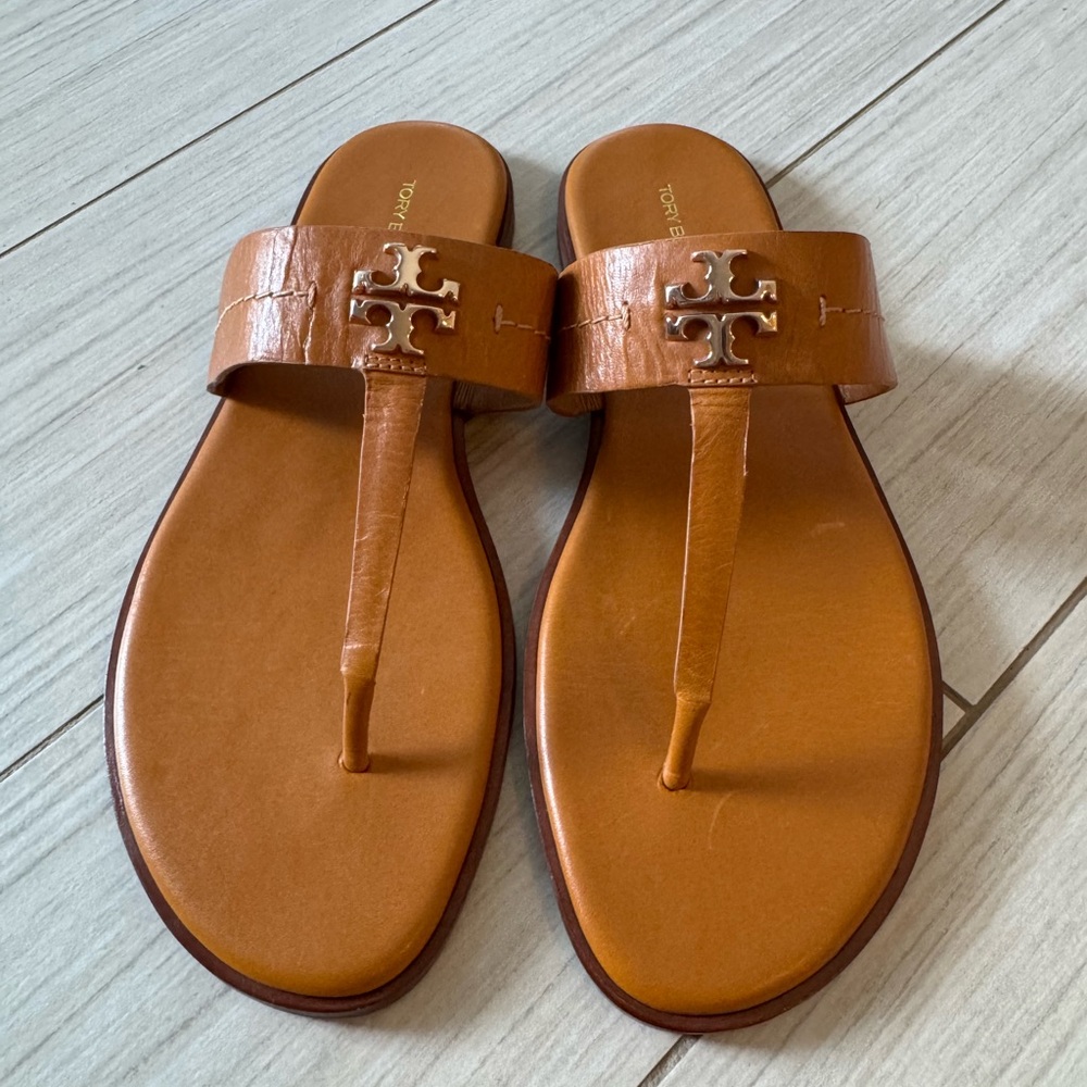 Tory Burch Tan Leather Miller Thong Sandals with Gold Logo
